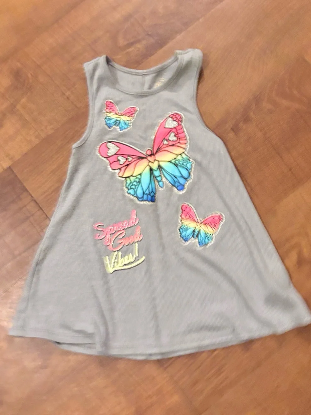 Justice Gray Tank Top with Rainbow Butterfly Appliqués